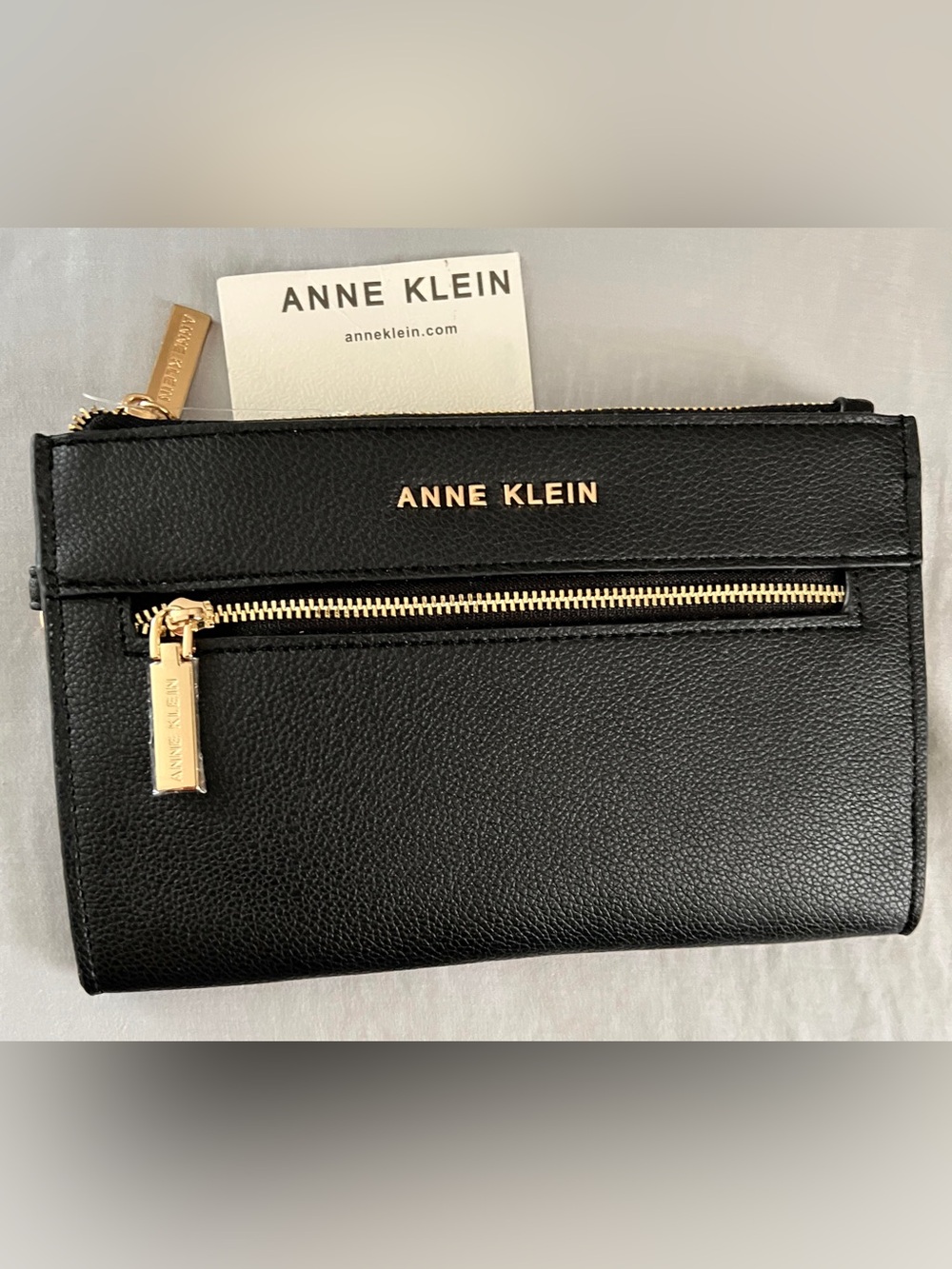 NWT Anne Klein Black Faux Leather Wristlet Wallet Zip Front Pouch Gold Hardware